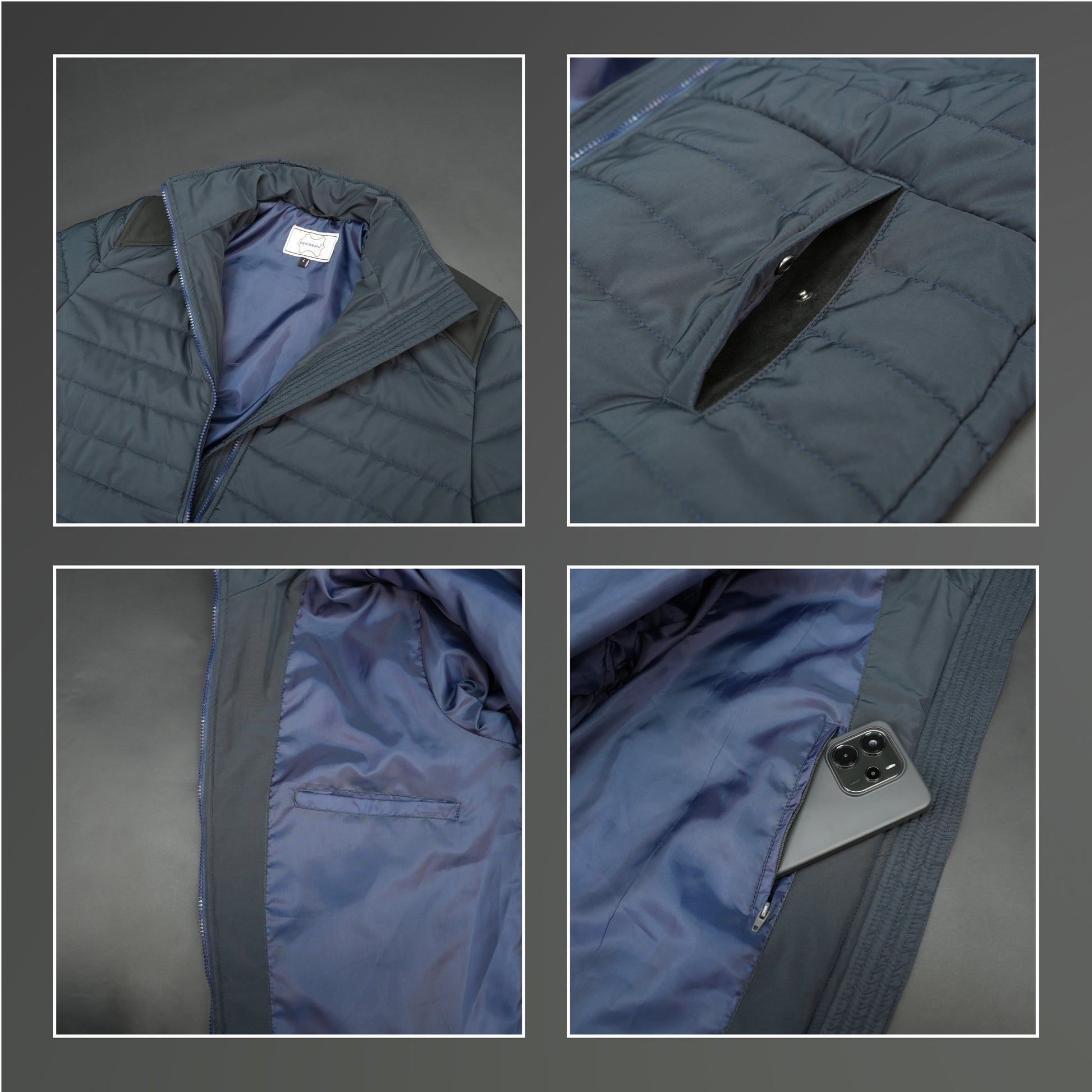 Navy full-sleeve two-tone puffer jacket with snap pockets, quilted insulation, inner compartments, and zip closure