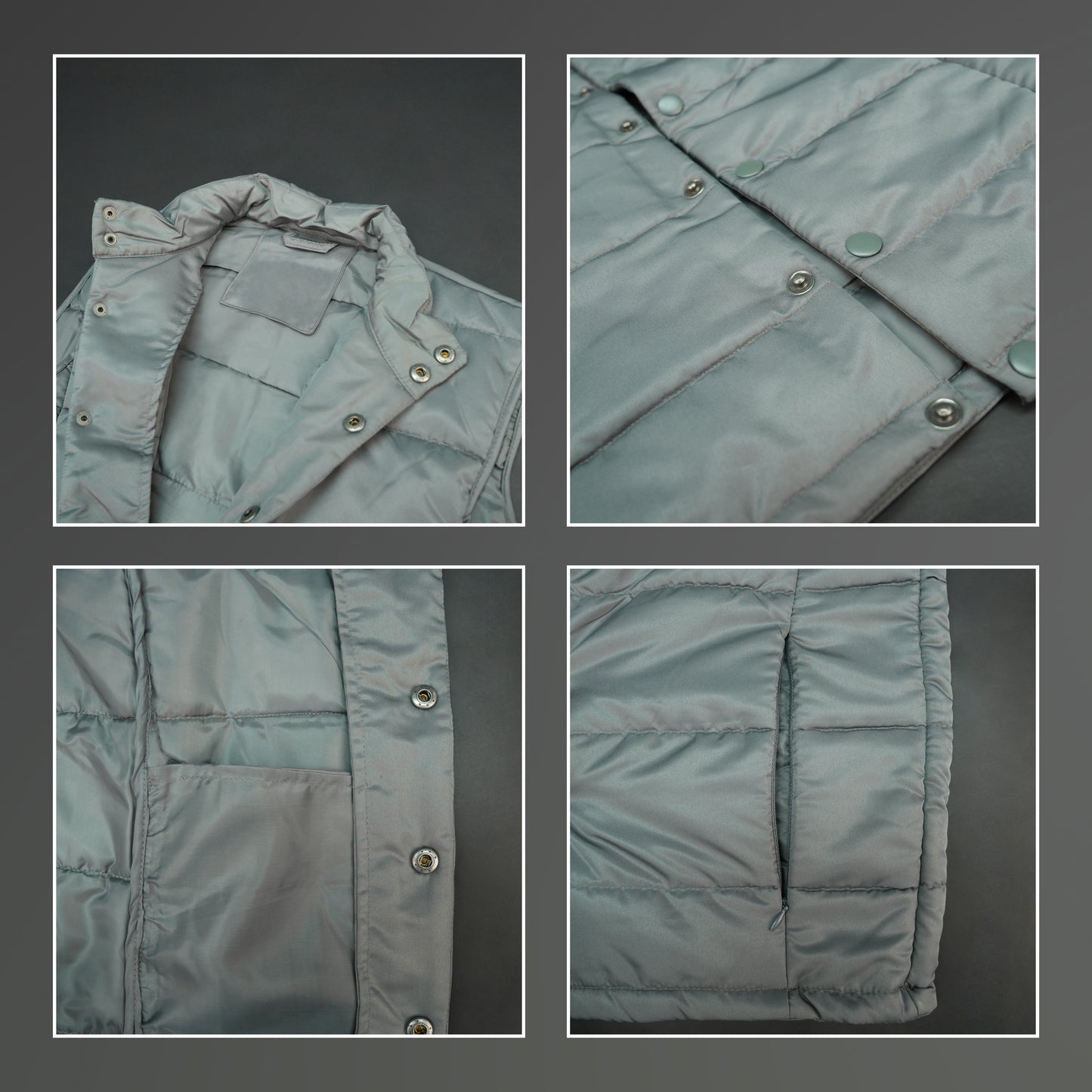 Grey jacket with a button closure, snap-button side pockets, and a single inner pocket for easy and secure storage