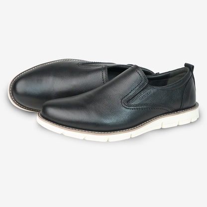 Black genuine cow leather milled loafer with soft sheep lining, Texon insole for stability, and lightweight EVA sole for flexible traction and comfort