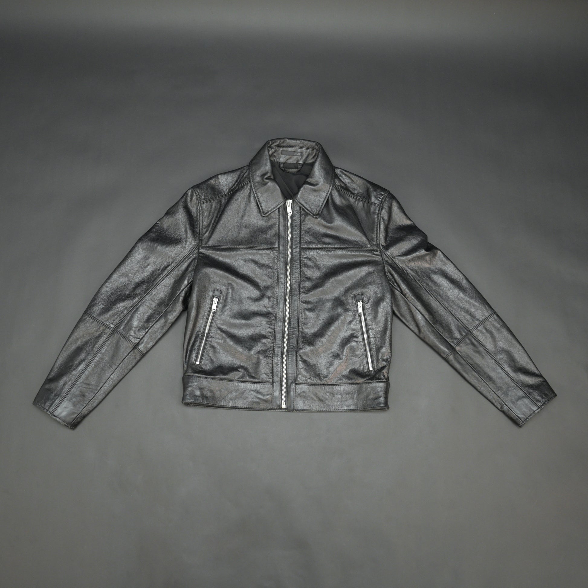 Black leather jacket premium leather, zipper opening, and two front side pockets