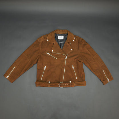 Light brown goat suede perfecto jacket with leather-look finish, soft texture, three exterior pockets, side zip pocket, and adjustable zipped cuffs. Minor fault, no returns