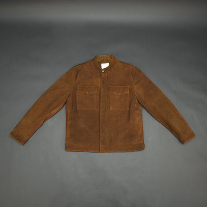 Brown suede leather jacket with front pocket and unique button and zip opening
