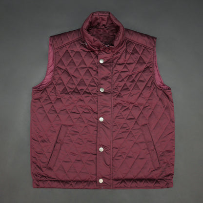 Maroon vest featuring a zip closure with snap button, two snap-button side pockets, and an inside pocket for secure, convenient storage