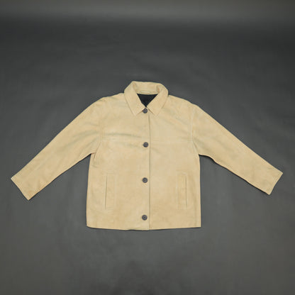 Beige suede leather jacket with tailored fit, elegant button opening, and front side pockets