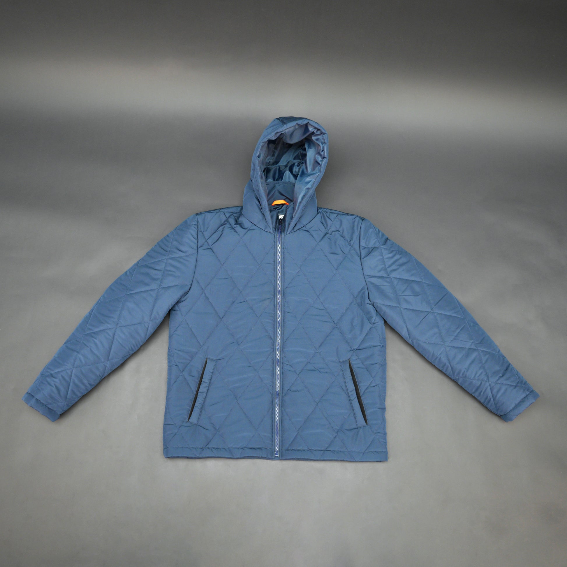 Blue full-sleeve puffer jacket with zip and hood, side and inner pockets, suitable for cold and windy weather