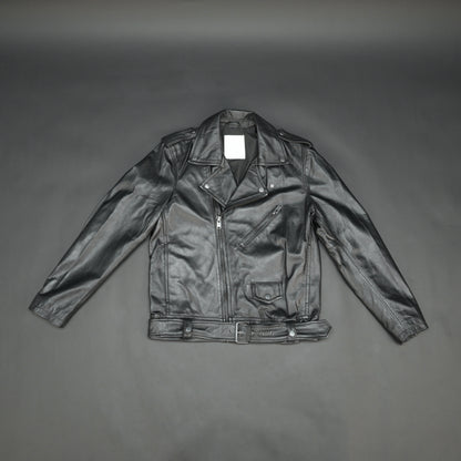 Black sheep leather jacket with adjustable waist belt, two front side pockets, one inside pocket, and zip flap closure