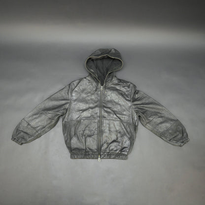 Black hoodie-style jacket made from genuine sheep leather (veg ranger), featuring a front zip closure, adjustable hood, two side pockets, and one inside pocket