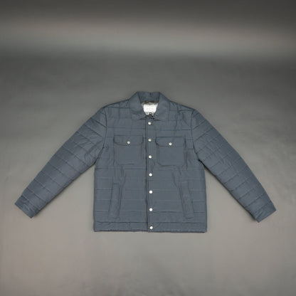 Navy full-sleeve puffer jacket with snap closure, quilted design, inner and outer pockets, crafted for everyday warmth