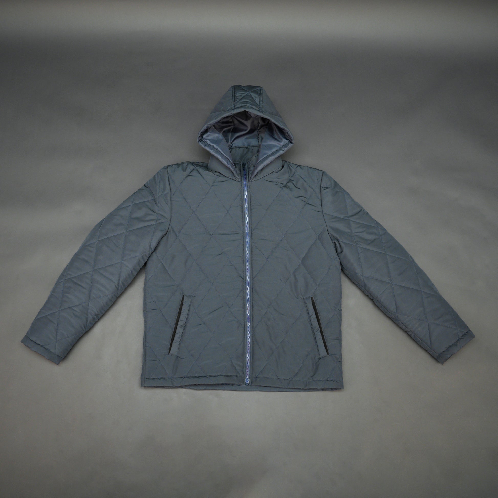 Navy full-sleeve puffer jacket with zip and hood, side and inner pockets, suitable for cold and windy weather