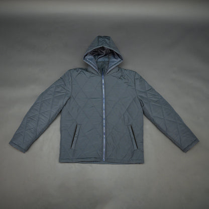 Navy full-sleeve puffer jacket with zip and hood, side and inner pockets, suitable for cold and windy weather