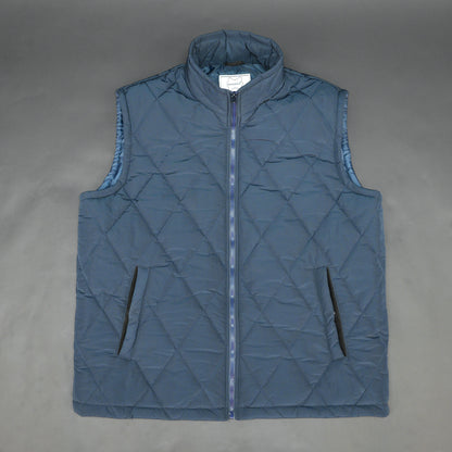 Navy sleeveless puffer vest with zip, side and inside pockets, lightweight for layering
