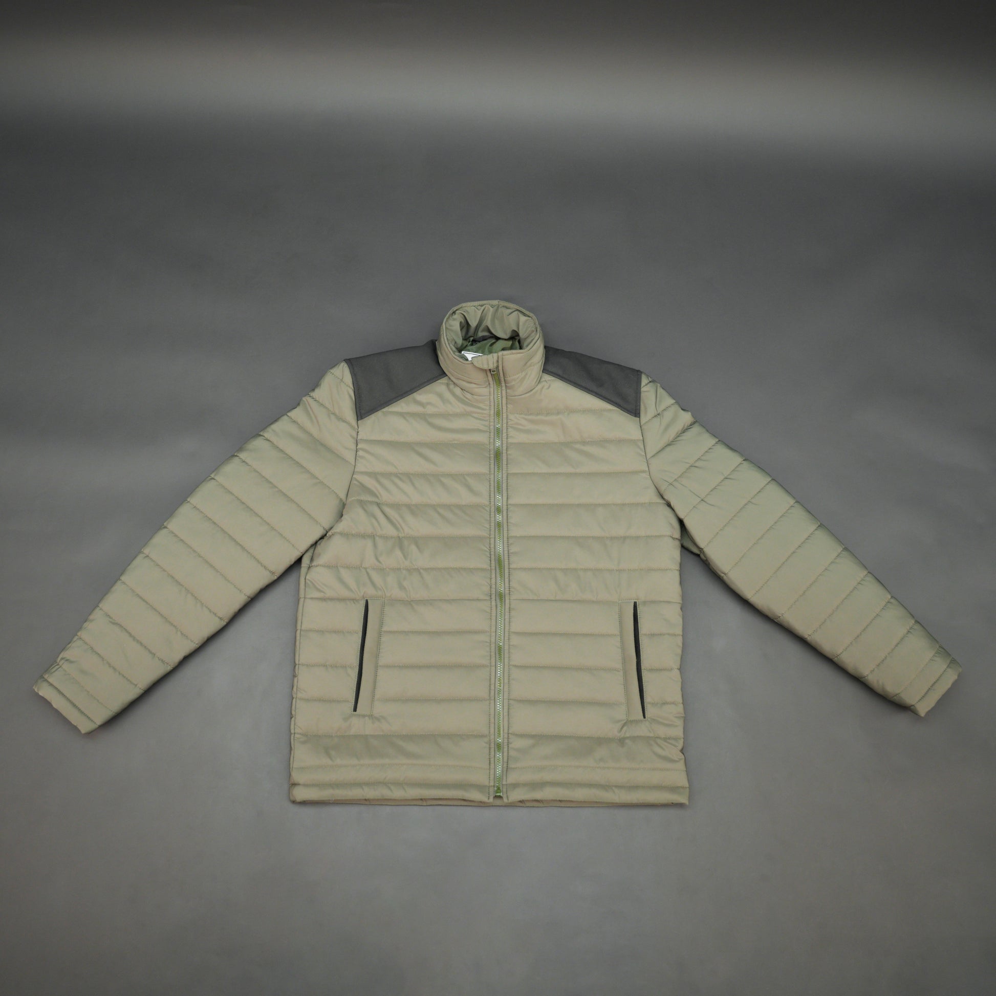 Olive sleeveless puffer vest with zip, side and inside pockets, lightweight for layering