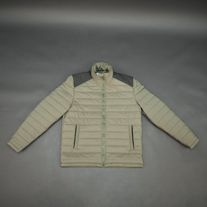 Olive sleeveless puffer vest with zip, side and inside pockets, lightweight for layering