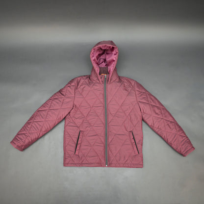Maroon full-sleeve puffer jacket with zip and hood, side and inner pockets, suitable for cold and windy weather