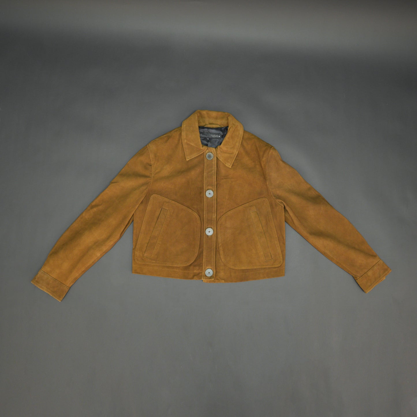 Mustard Brown suede leather jacket with front side pockets and button closure