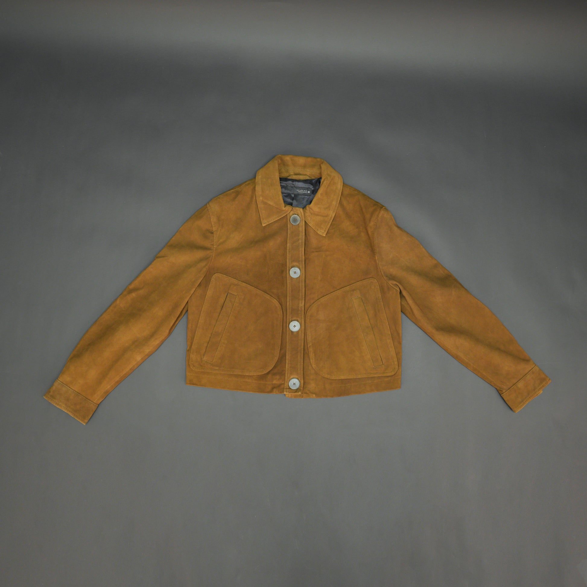 Mustard Brown suede leather jacket with front side pockets and button closure