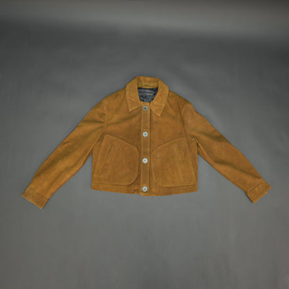 Mustard Brown suede leather jacket with front side pockets and button closure