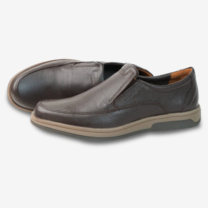 Brown cow leather milled loafer with slip-resistant rubber sole, designed for comfort, durability, and versatile everyday wear