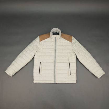 Blue sleeveless puffer vest with zip, side and inside pockets, lightweight for layering