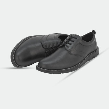 Black footwear featuring genuine cow leather milled commute upper, soft sheep lining, Taxon insole for stability, and lightweight EVA sole for comfort and grip
