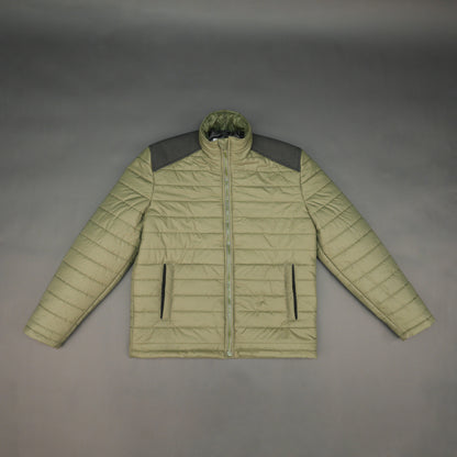 Green full-sleeve two-tone puffer jacket with snap pockets, quilted insulation, inner compartments, and zip closure
