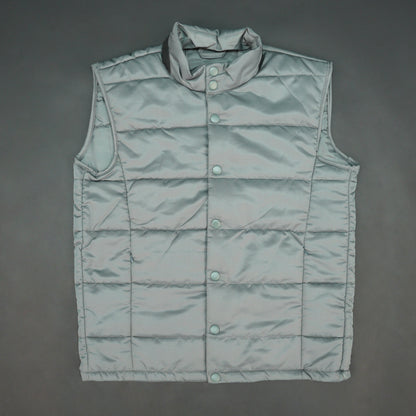 Grey jacket with a button closure, snap-button side pockets, and a single inner pocket for easy and secure storage