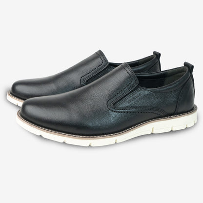 Black genuine cow leather milled loafer with soft sheep lining, Texon insole for stability, and lightweight EVA sole for flexible traction and comfort