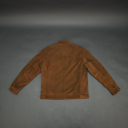 Brown suede leather jacket with front pocket and unique button and zip opening