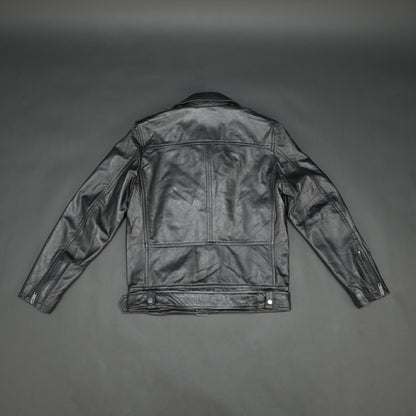 Black sheep leather jacket with adjustable waist belt, two front side pockets, one inside pocket, and zip flap closure