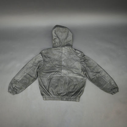 Black hoodie-style jacket made from genuine sheep leather (veg ranger), featuring a front zip closure, adjustable hood, two side pockets, and one inside pocket