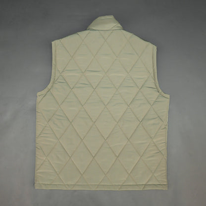 Green sleeveless puffer vest with zip, side and inside pockets, lightweight for layering