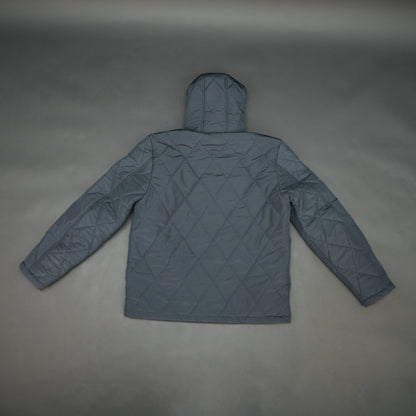 Navy full-sleeve puffer jacket with zip and hood, side and inner pockets, suitable for cold and windy weather