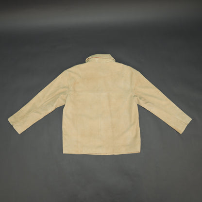 Beige suede leather jacket with tailored fit, elegant button opening, and front side pockets