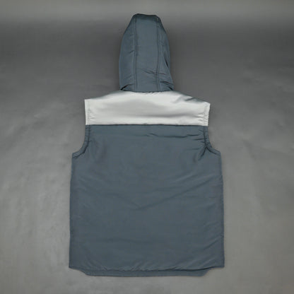 Navy-grey sleeveless puffer jacket with zip and snap closure, hood, side and inner pockets, premium fabric for warmth.