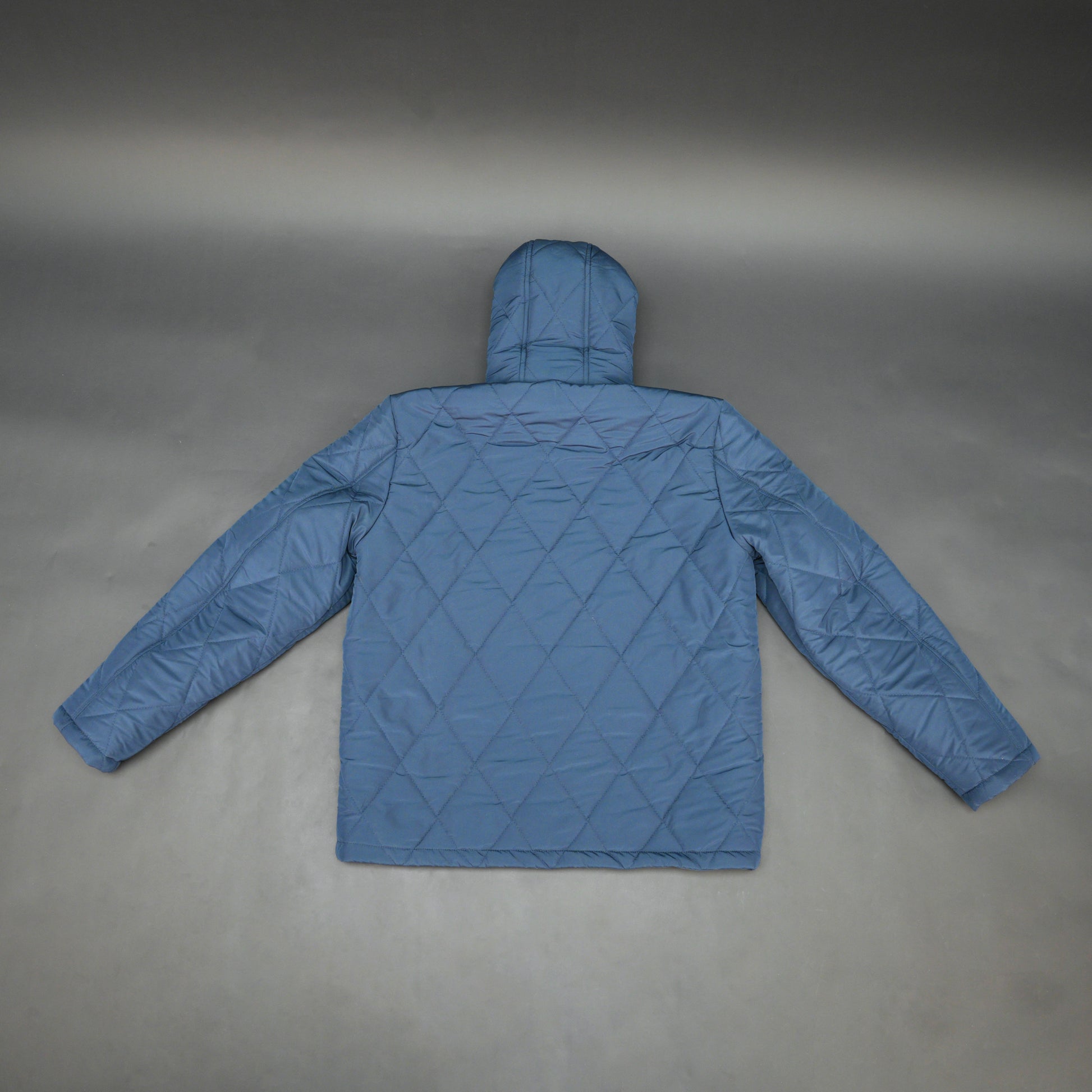 Blue full-sleeve puffer jacket with zip and hood, side and inner pockets, suitable for cold and windy weather