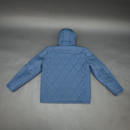 Blue full-sleeve puffer jacket with zip and hood, side and inner pockets, suitable for cold and windy weather