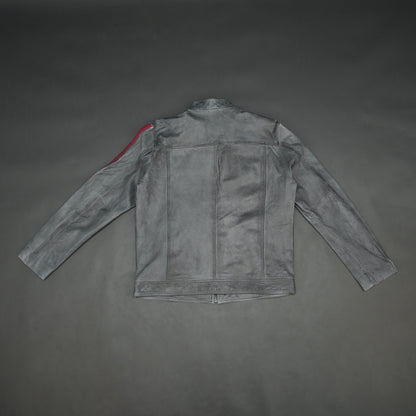 Black jacket 6010 with front zip closure, snap-button collar, multiple pockets, and red arm stripes, combining style and practicality for everyday wear