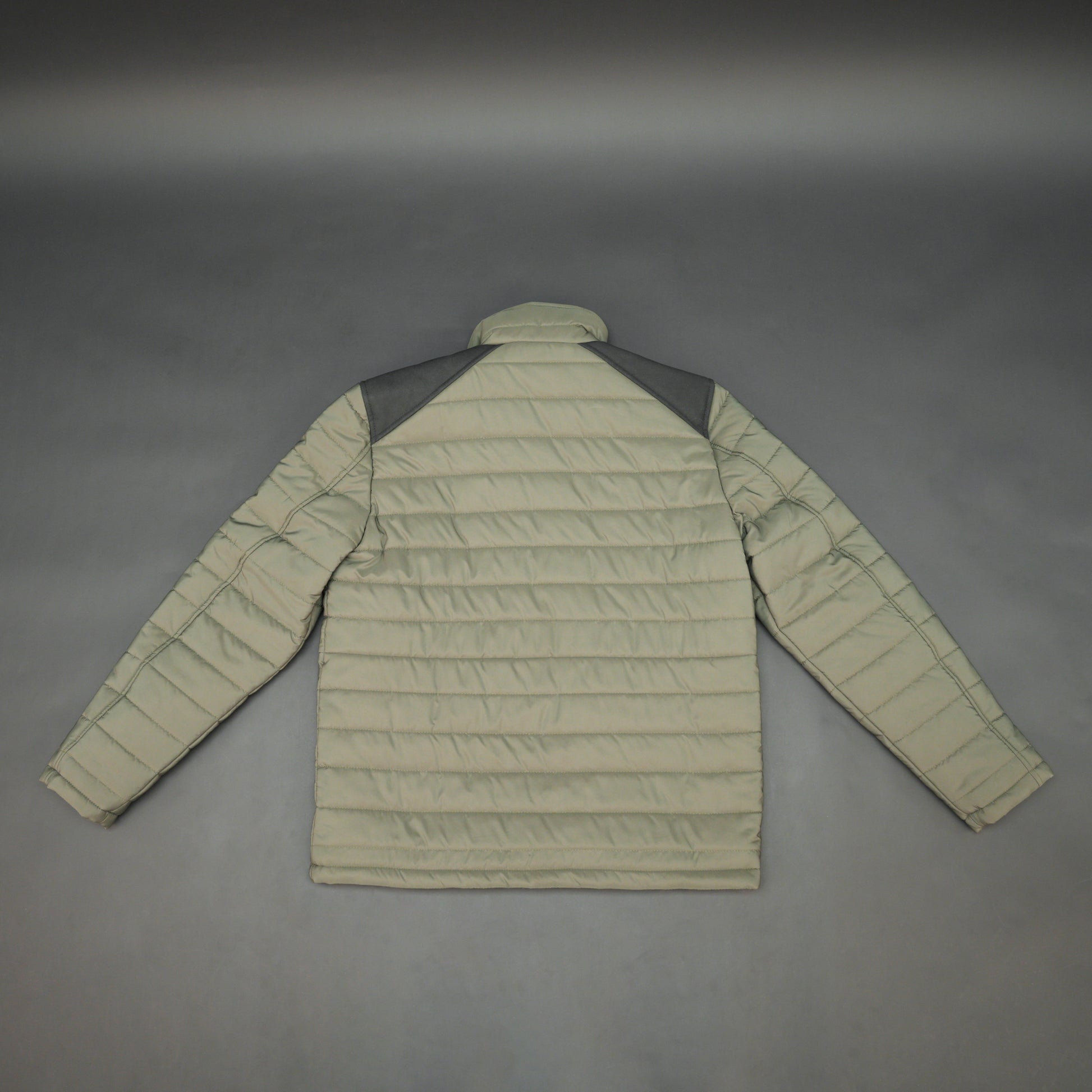 Olive sleeveless puffer vest with zip, side and inside pockets, lightweight for layering