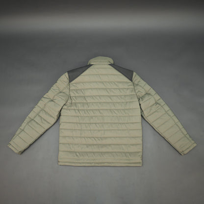 Olive sleeveless puffer vest with zip, side and inside pockets, lightweight for layering