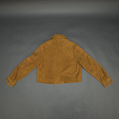 Mustard Brown suede leather jacket with front side pockets and button closure