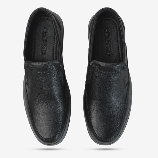 Black cow leather milled loafer with slip-resistant rubber sole, designed for comfort, durability, and versatile everyday wear