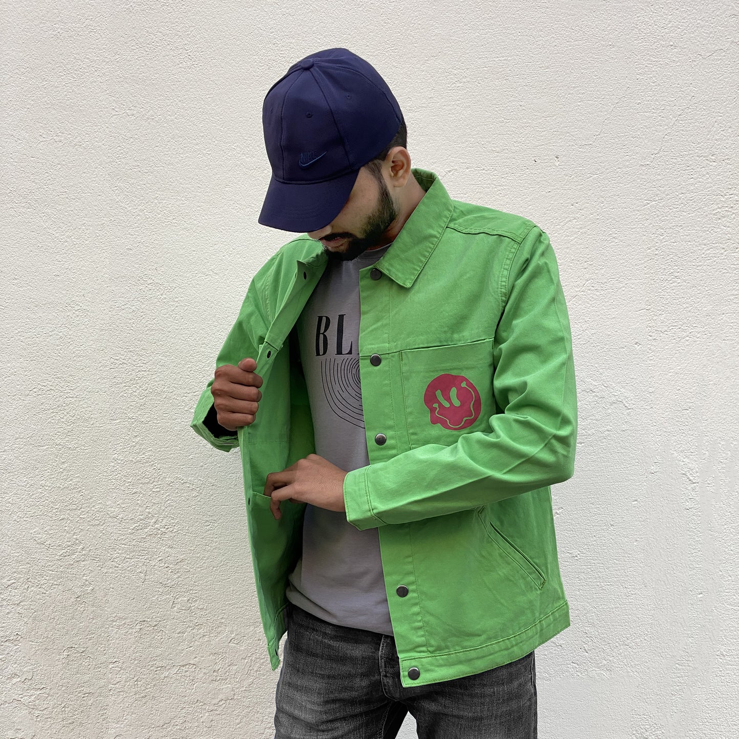Men's Stay Blessed Back Printed Denim Button Jacket
