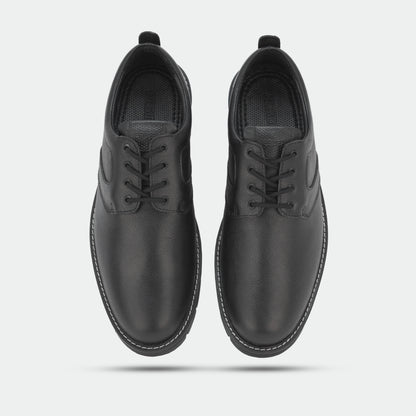 Black footwear featuring genuine cow leather milled commute upper, soft sheep lining, Taxon insole for stability, and lightweight EVA sole for comfort and grip