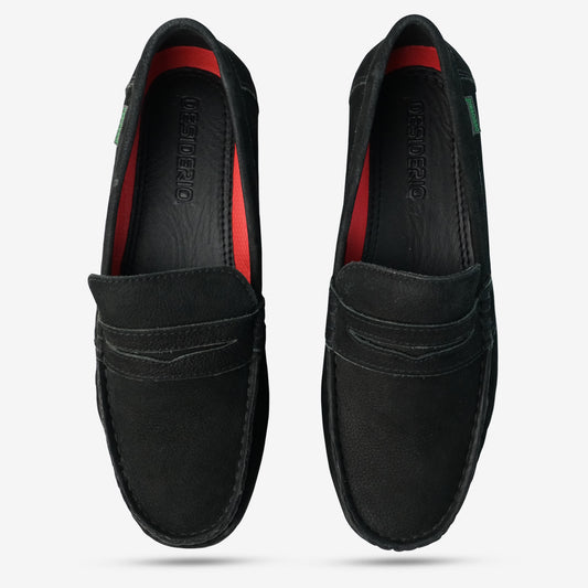 Black handcrafted shoe with cow suede leather upper, sheep leather lining, cushioned insoles, Texon insole, and TPR sole