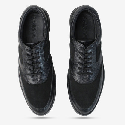 Black Cow Leather Suede shoes with soft sheep lining, Taxon insoles for support, and durable TPR sole for traction. Stylish and comfortable footwear by Desiderio