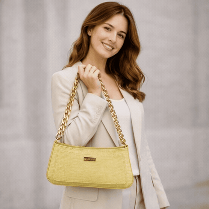 Real Leather Handbag With Gold Chain 934 | Lemon  Yellow