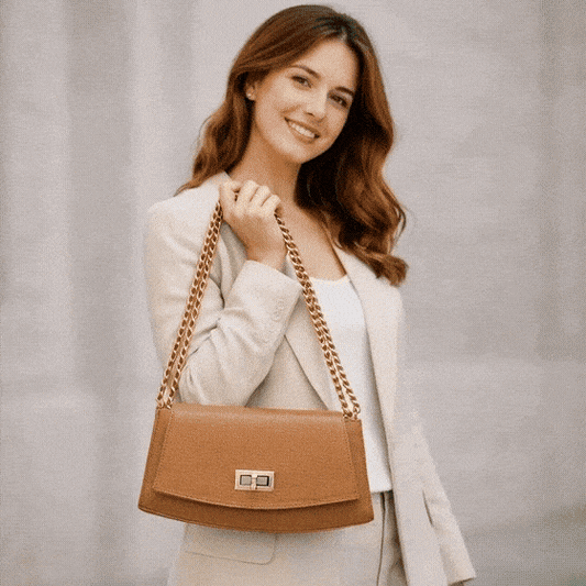 Real leather handbag with brass color chain, zipper compartment, shoulder and hand straps, available in multiple colors for daily use