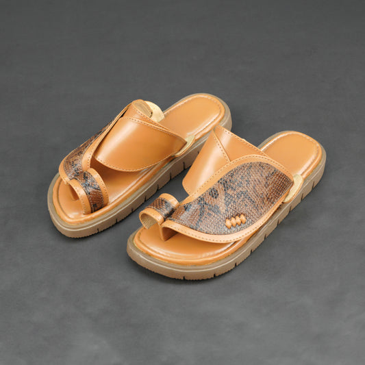 Tan Arabic chappal with snake-pattern upper and EVA sole for comfort and durability.