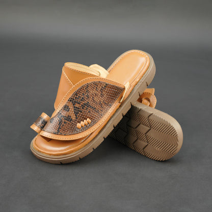 Tan Arabic chappal with snake-pattern upper and EVA sole for comfort and durability.