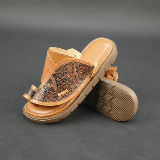 Tan snake-pattern Arabic chappal with PU upper and EVA sole.
